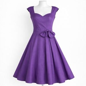 Lindy Bop Purple Fit Flare Dress Womens Medium Retro Swing Bow Party Cocktail‎